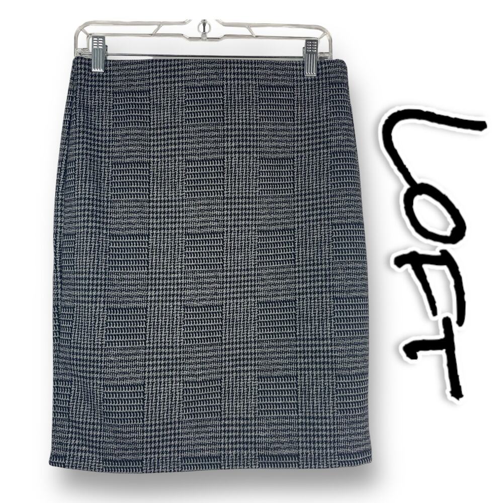 New Loft Gray Black Check Pencil Skirt Elastic Waist Womens Size Small